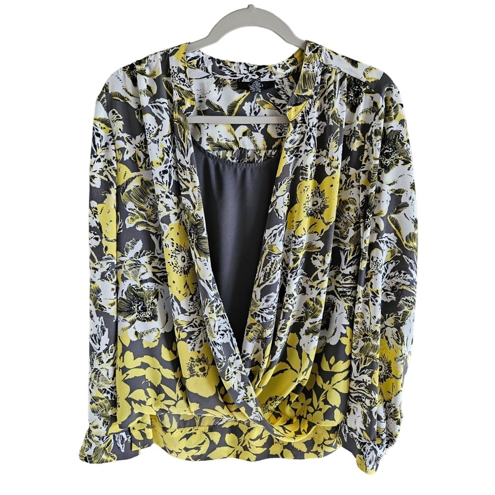 ALFANI Woman Size 14 Open Front Blouse With Gray Underlay Floral Colorful Boho